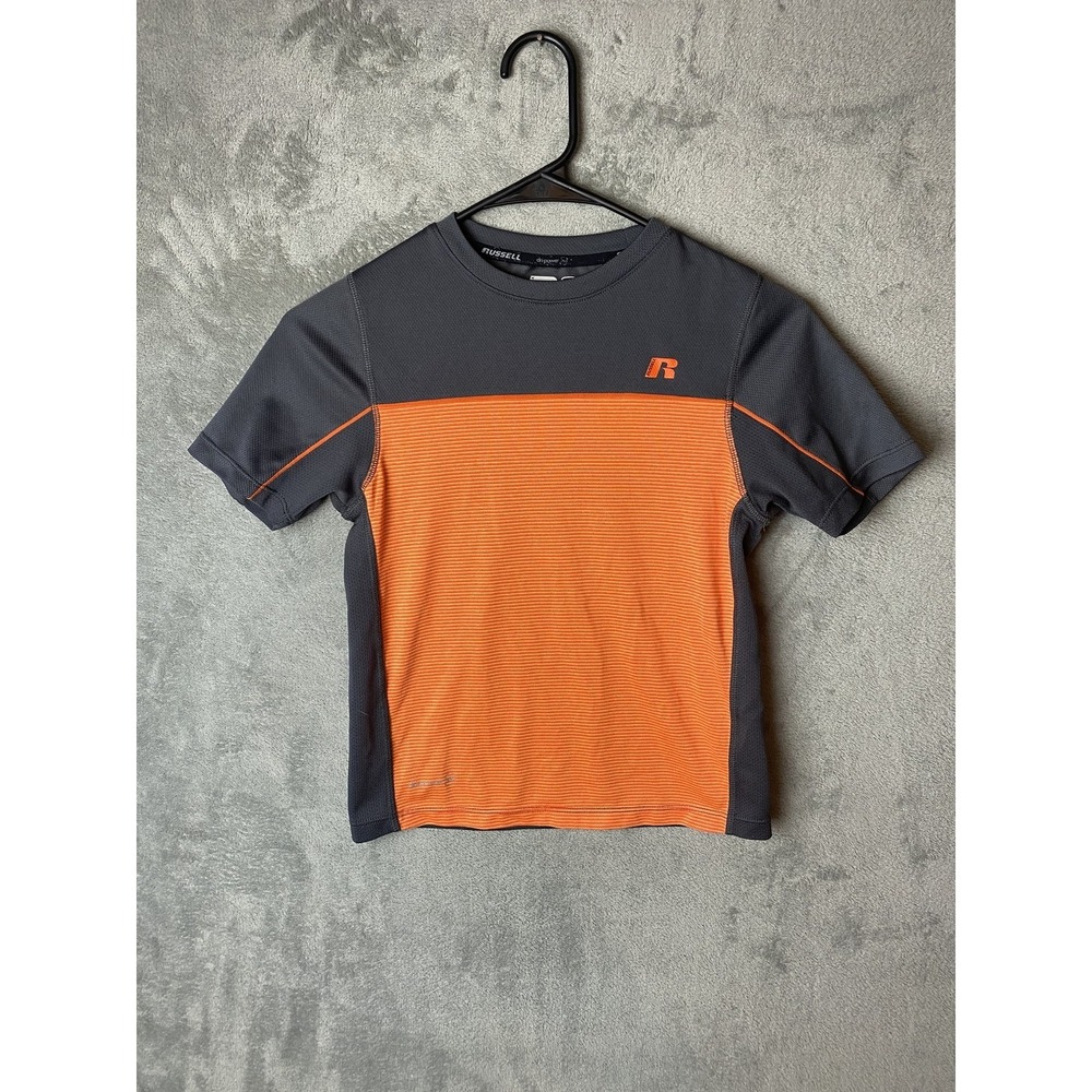Russell Athletic Boys M Dri-Power T-Shirt Orange Gray Striped Activewear